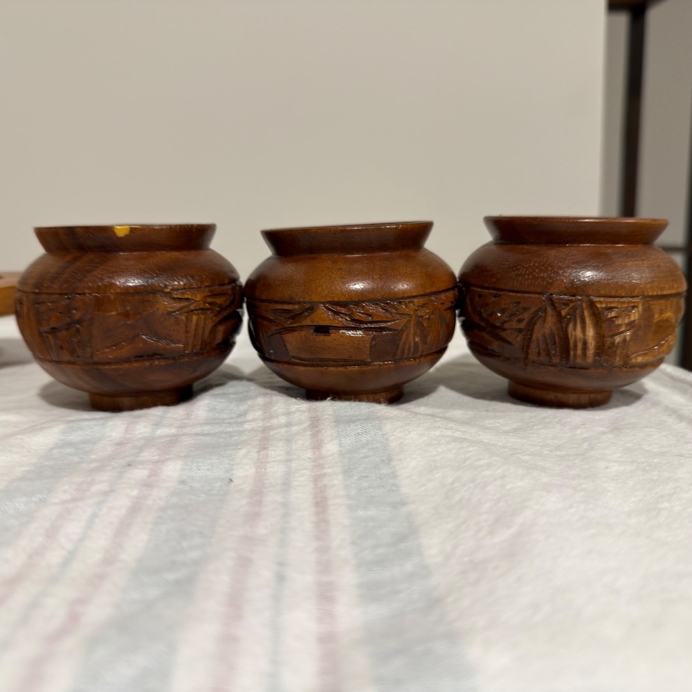 1960's Vintage Tiki Wood Lazy Susan with 3 Wood Condiment Jars And Spoons - Picture 11 of 14